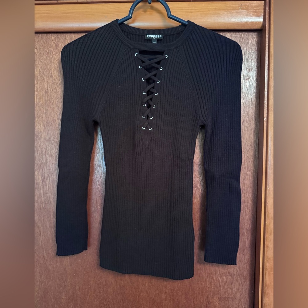 Express Black Lace-Up Ribbed Sweater,Cotton Rayon, Size XS.